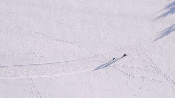 Drone Flight Skiing People Snowy White Winter Track Filmed Straight — Wideo stockowe