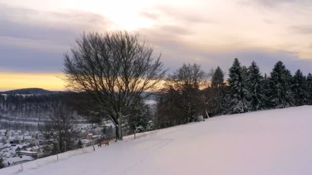 Winter View Idyllic City Snow Covered Houses Glowing Morning Drone — Stockvideo