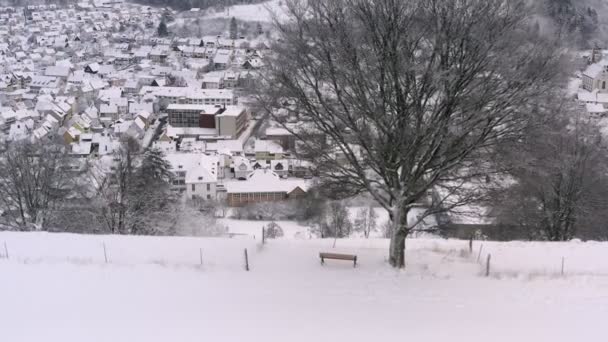 Dronie Shot Flaying Backwards Snow Covered Tree Bench Back Dicover — Vídeo de stock