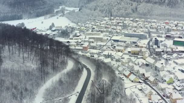 Winter Drone Camera Car Which Driving Snowy Landscape Curve Road — Stock Video