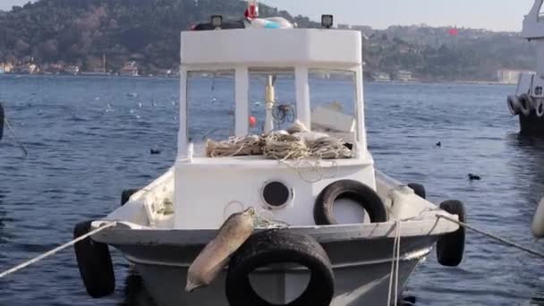 Μικρό Αλιευτικό Σκάφος Που Επιπλέει Στο Βόσπορο Δεμένο Στην Προβλήτα — Αρχείο Βίντεο