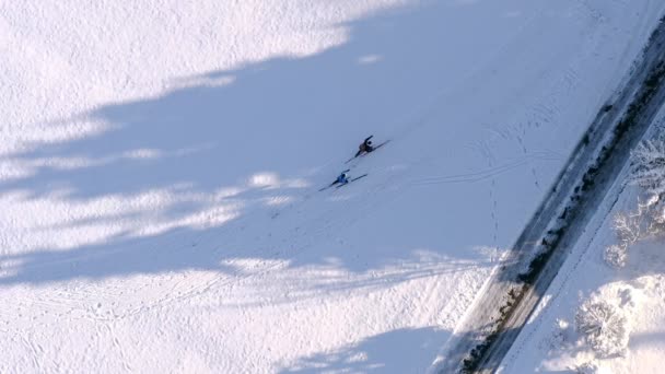 Two Cross Country Skiing People Walking Snowy Landscape Topshot Straight — Vídeo de stock