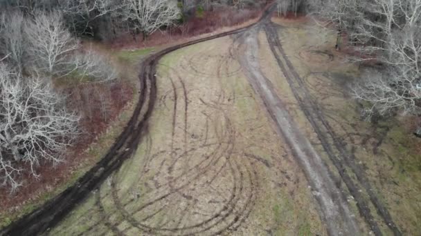 Tire Tracks Grass Field Forest Aerial Drone Tilt Descending — Stockvideo