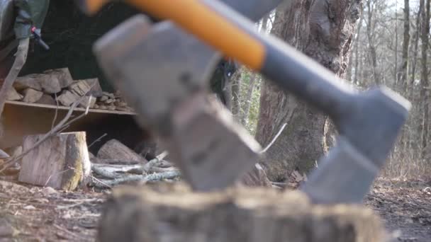 Camp Fire Wood Axes Sunlight Flare Slow Motion Hand Held — Vídeo de Stock
