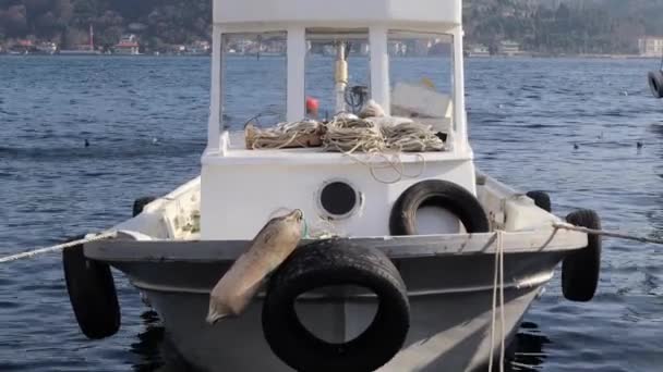 Fishing Boat Old Tire Buoy Floating Wavy Water Bosphorus Istanbul — Αρχείο Βίντεο