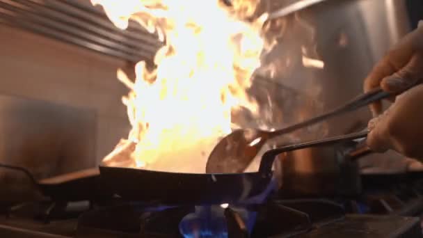 Flamb Cooking Open Flame Frying Pan — Vídeo de Stock