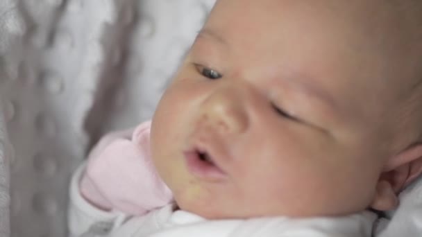 Beautiful Caucasian Newborn Baby Girl Pink Mittens Close Shot — Video Stock