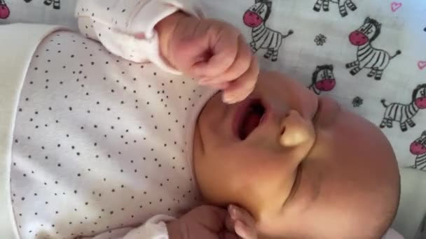 Sleepy Caucasian Newborn Baby Crying Yawning Bed Close Shpt — Stock video