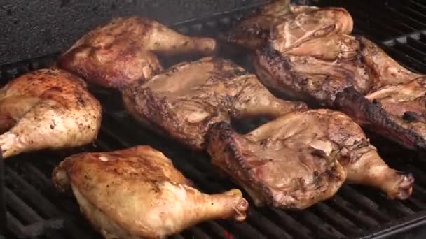 Tender Crispy Chicken Legs Grilling Bbq Stove Zooming Out Shot — ストック動画