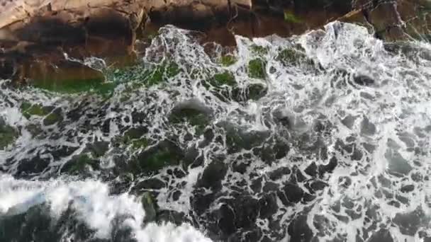 Sea Foam Waves Crashing Rocky Shore — Stockvideo