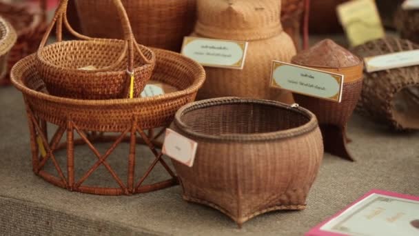 Thai North Eastern Style Handcrafted Basketwork Museum Displaying Different Sizes — Stockvideo
