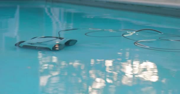 Electric Pool Cleaning Robot Cleans Swimming Pool Power Cable Floating — Vídeos de Stock