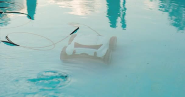 Robot Limpieza Piscina Eléctrica Desciende Sección Profunda Piscina Con Agua — Vídeos de Stock