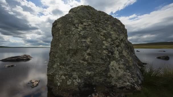 Panorama Motion Time Lapse Lake Grass Large Rocks Foreground Dark — Stockvideo