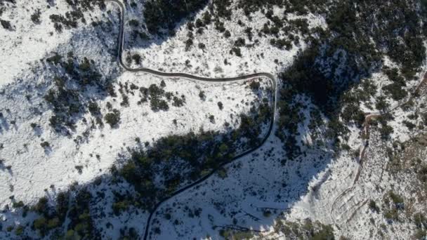 Aerial View Winding Road Snowy Mountains Slow Rotation Movement — Video