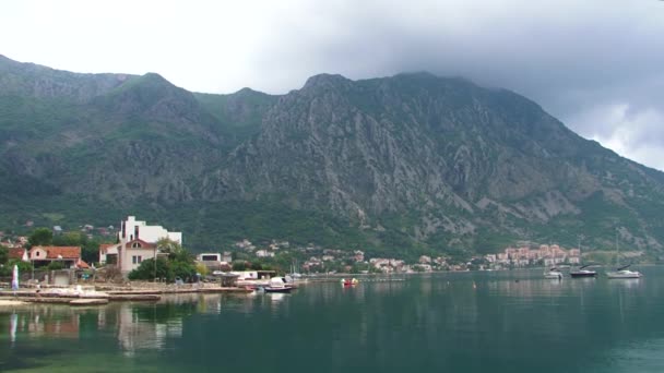 Mediterranean Town Boat Marine Boka Kotorska Bay Adriatic Sea Mountains — Stockvideo