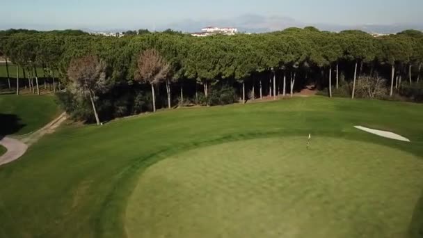 Rondom Golfbaan Vlaggenmast Met Vlag Luxe Golfveld — Stockvideo