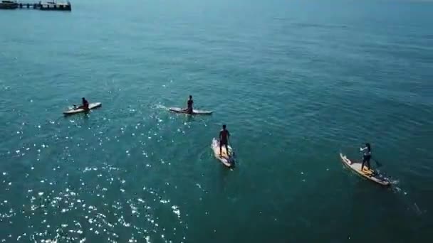 Drone Circling Group Paddlers Crystal Clear Light Blue Water — Video Stock