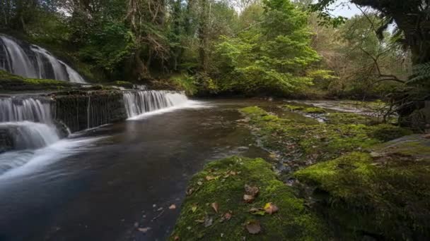 Panorama Motion Time Lapse Forest Waterfall Rural Landscape Autumn Ireland — Video