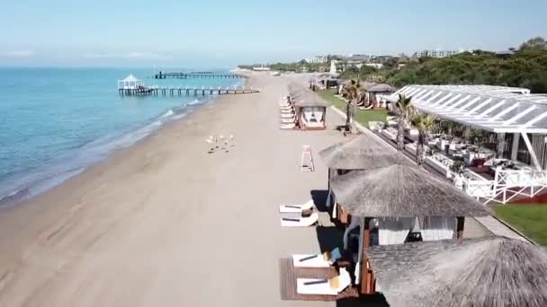 Quick Flying Luxury Beachside Beds Low Angle Aerial Shot — Stockvideo