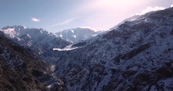 Fly Snow Covered Valley Rural Road Village Persian Juniper Trees — Video Stock