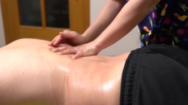 Physiotherapist Hands Working Lumbar Area Patient Who Stretcher — Stock Video