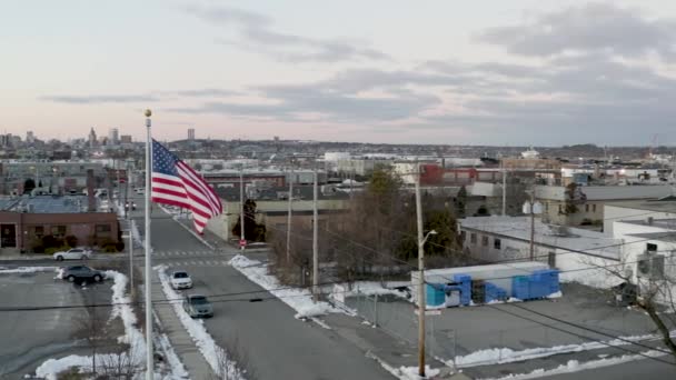 Flag United States America Flying Urban Area Aerial View Slow — Stock video