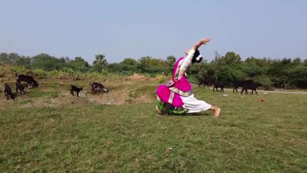 Een Bharatnatyam Danser Weergeven Van Een Klassieke Bharatnatyam Poseren Natuur — Stockvideo