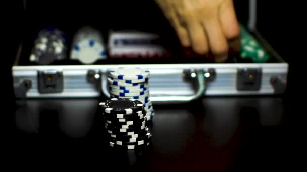 Hand Picks Stacked Chips Table Put Them Poker Briefcase — Vídeo de Stock