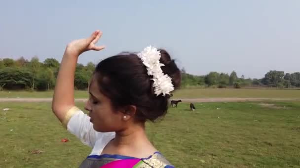 Tancerka Bharatnatyam Prezentująca Klasyczną Pozycję Bharatnatyam Naturze Jeziora Vadatalav Pavagadh — Wideo stockowe