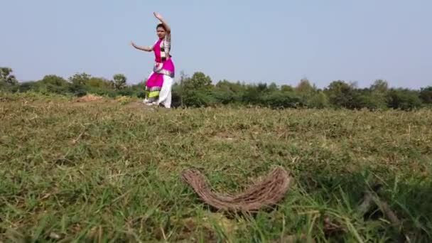 Una Bailarina Bharatnatyam Que Muestra Una Pose Clásica Bharatnatyam Naturaleza — Vídeos de Stock