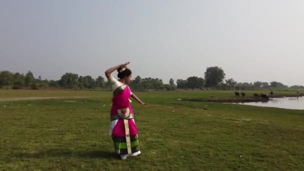 Bharatnatyam Dancer Displaying Classical Bharatnatyam Pose Nature Vadatalav Lake Pavagadh — Stockvideo