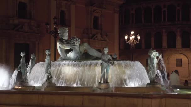 Neptune Fountain Plaza Virgen Night Valencia Spain — Wideo stockowe