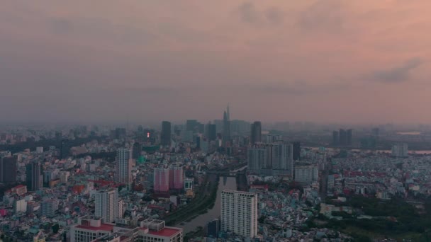 Fly Chi Minh City Center Dawn Colorful Sky Key Skyscrapers — Vídeo de Stock