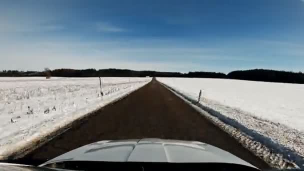 Hyperlapse Driving Car Fast Winter Landscape Leading Snow Covered Forest — Vídeo de Stock