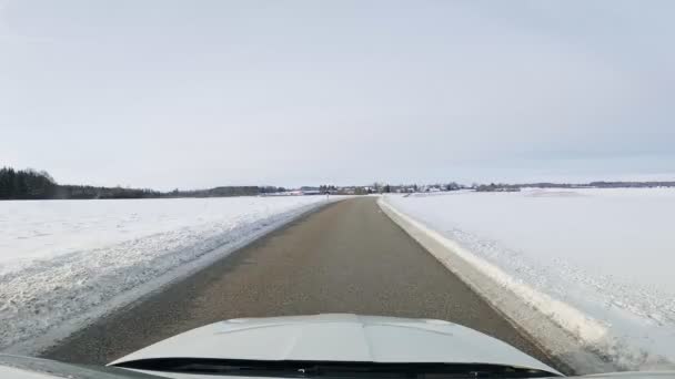 Прогулянка Сніжному Пейзажу Вздовж Прямої Дороги Машині Видом Вітрове Скло — стокове відео