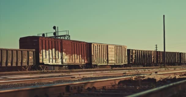 Old Freight Train Tanker Cargo Cars Coming Stop Empty Abandoned — Vídeos de Stock