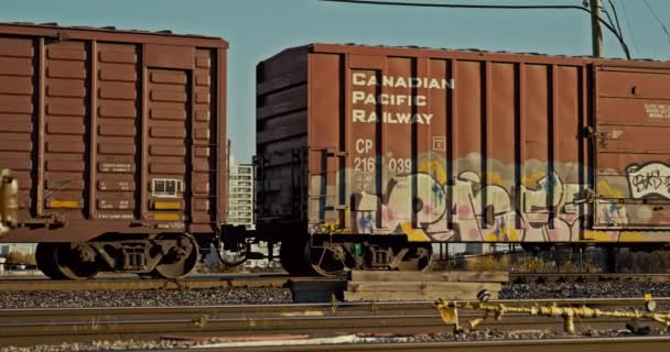 Canadian Pacific Railway Freight Train Tanker Cargo Cars Coming Stop — Vídeo de Stock