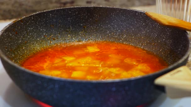 Close Big Pot Wooden Spoon Boiling Food — Video Stock