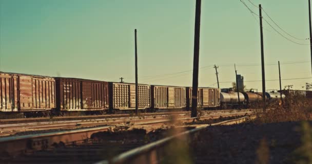 Old Freight Train Oil Tanker Cargo Cars Coming Stop Empty — Vídeos de Stock