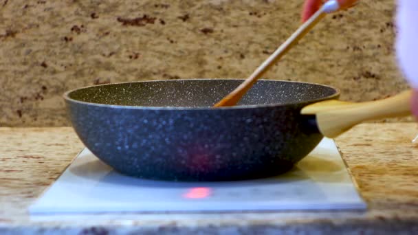 Woman Hand Cooking White Induction Kitchen Stove Touch Screen Wok — Wideo stockowe