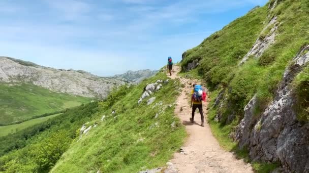 Climbers Walking Trail Summer Day Picos Europa Spain — Vídeo de stock