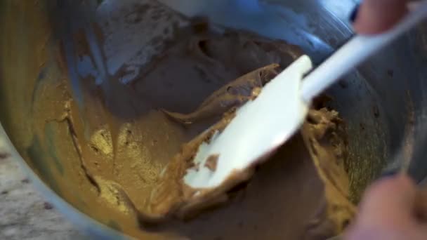 Close Mixing Chocolate Cream Bowl Spatula — Vídeos de Stock