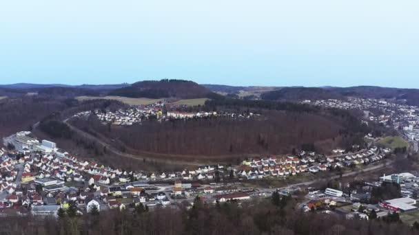 Aerial View Recreation Area Swabian Alb Town Albstadt Flying Backwards — ストック動画