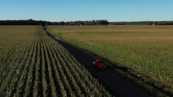 Vintage Red Truck Driving Cornfields Reverse Flight Follow Cam — Video