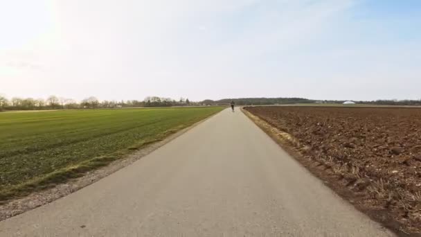 Beautiful Day Sportive Girl Inline Skating Rural Road Next Wide — Stockvideo