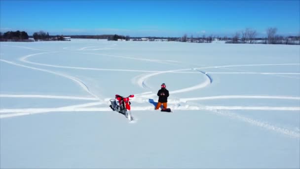 Snowbike Rider Circling Himself Drone — Stockvideo