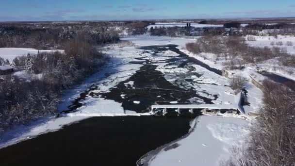 Winter River Old Broken Bridge Fresh Snow Approach — Video