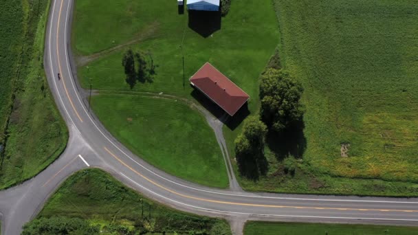 Motorcycle Riding Big Bend Rural Road Overhead Aerial — 图库视频影像