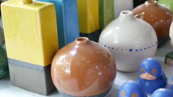 Different Kinds Colorful Ceramic Home Ornament Appliances Made Hand — Vídeos de Stock